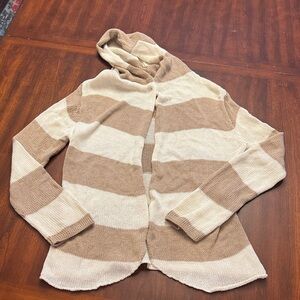 Wooden Ships Tan and Cream Striped Lightweight Knit Hooded Cardigan
